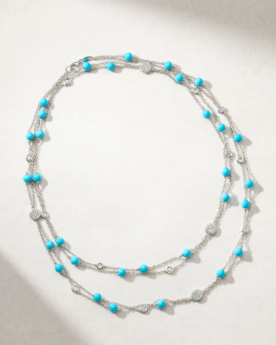 18K White Gold Long Necklace with Turquoise and Diamonds