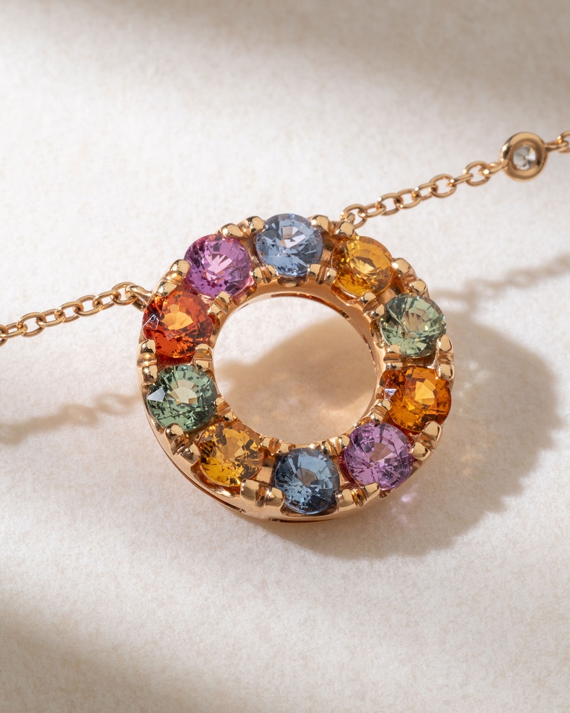 18K Rose Gold Necklace with Diamonds and Rainbow Sapphires