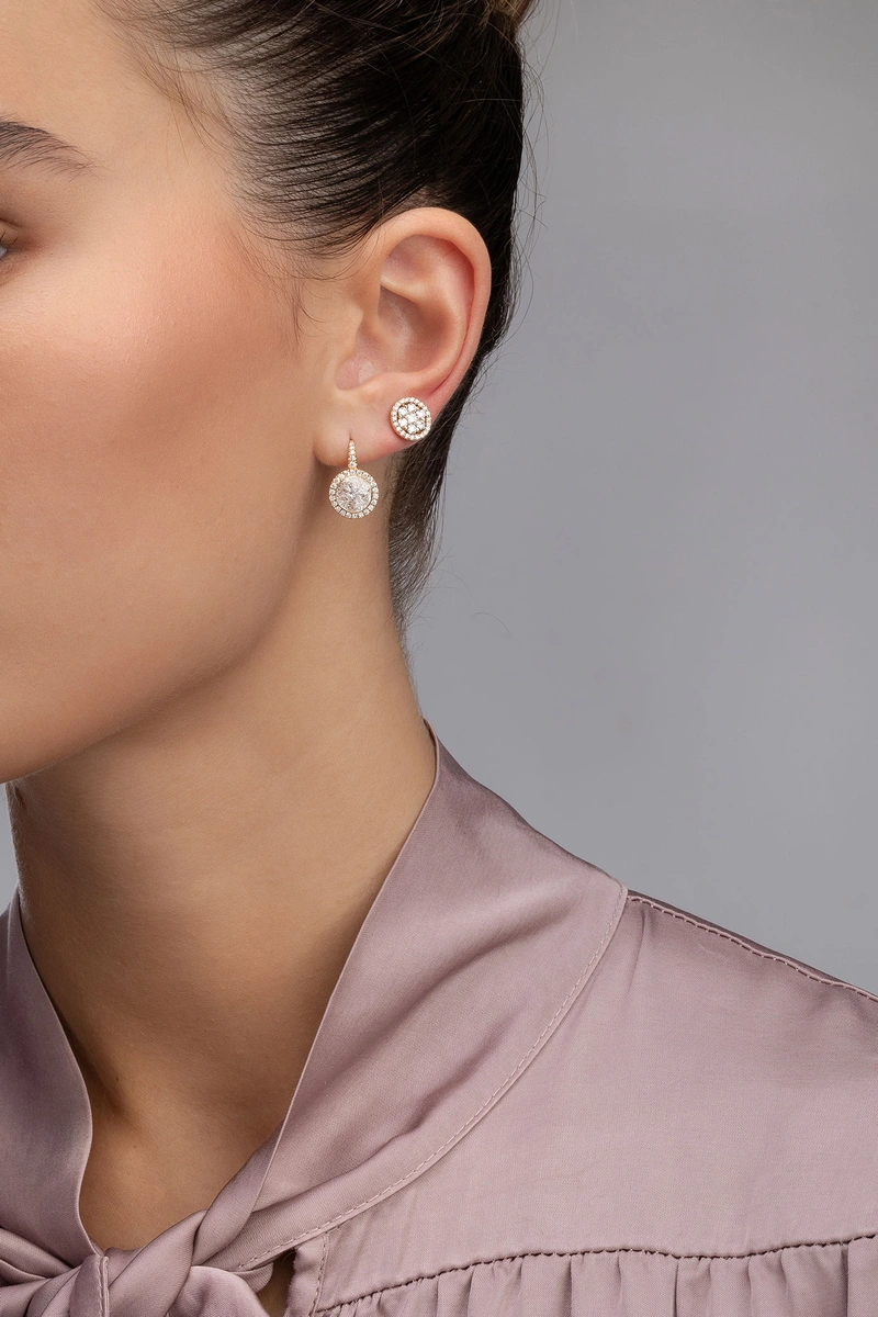 18K Rose Gold Round Stud Earrings with Diamonds