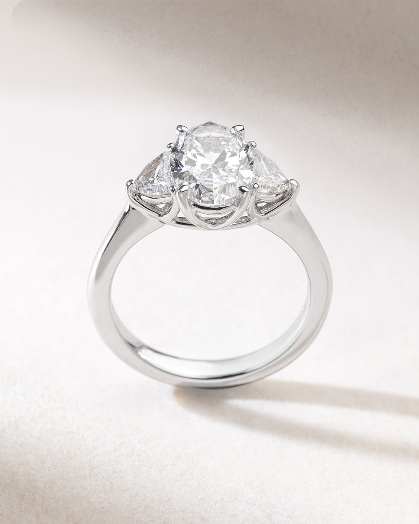 18K White Gold Engagement Ring with Oval and Half Moon Diamonds