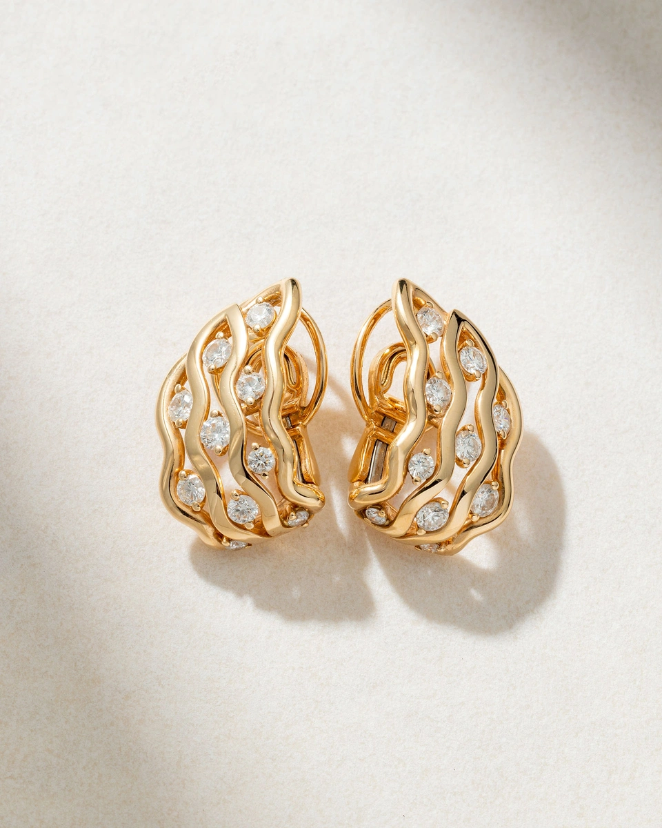 18K Rose Gold Wavy Earrings with Diamonds
