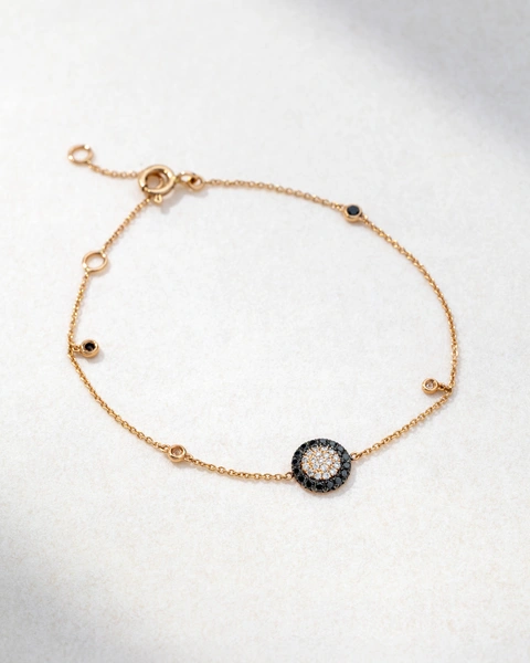 Bracelet in 18K Rose Gold with White & Black Brilliant Diamonds in Unique Design with Dangling Diamonds