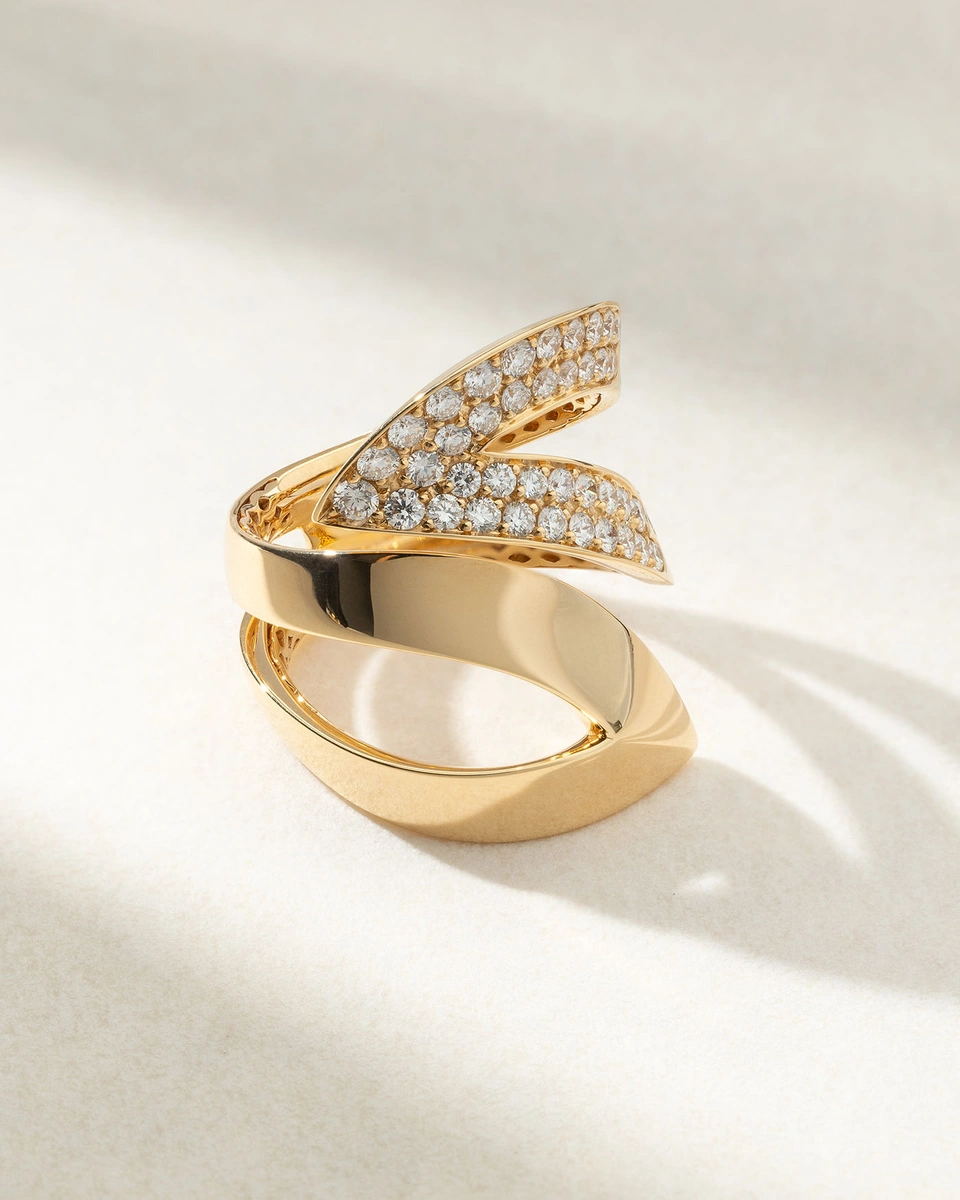 Sculptural 18K Rose Gold Ring with Diamonds