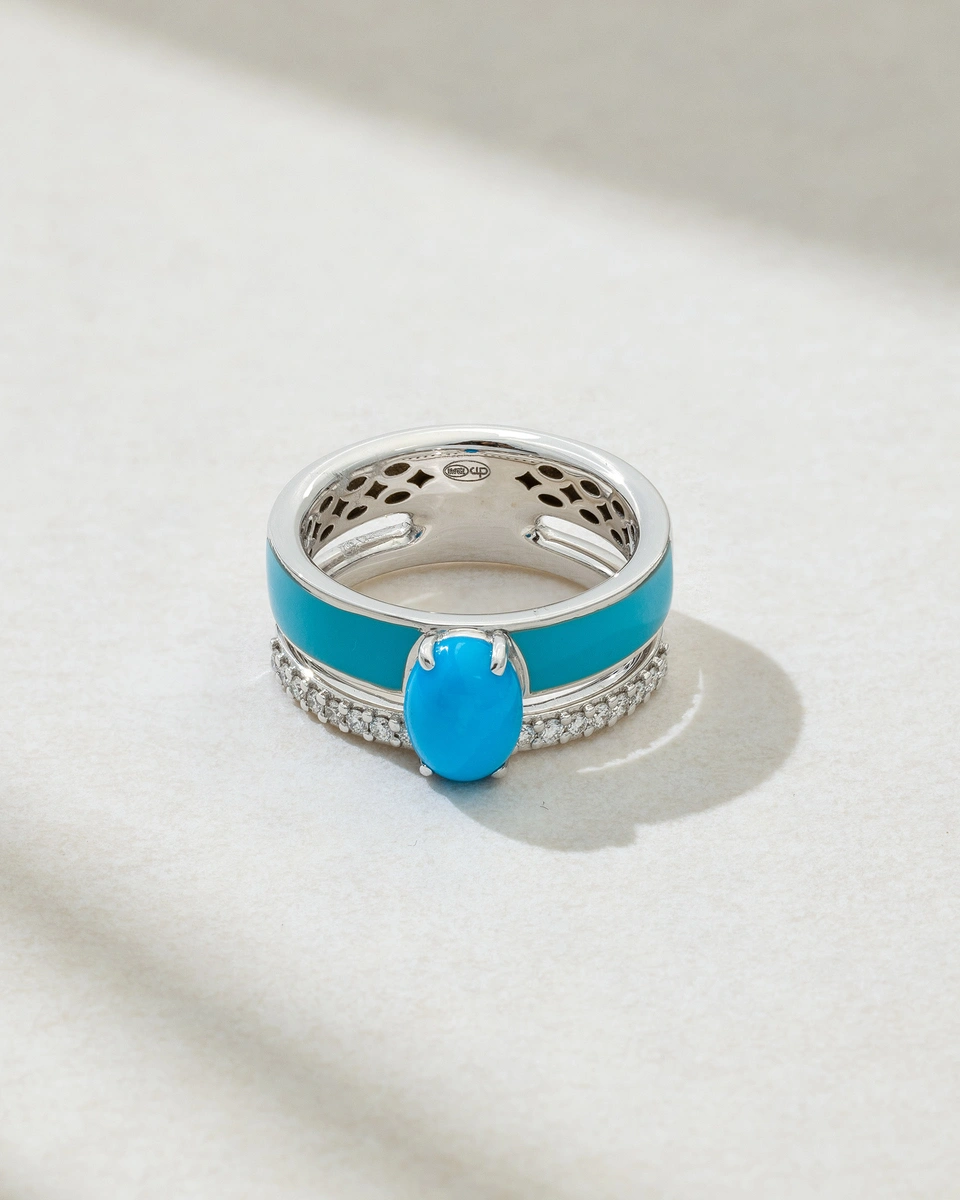 18Κ White Gold Ring with Oval Turquoise, Enamel and Diamonds