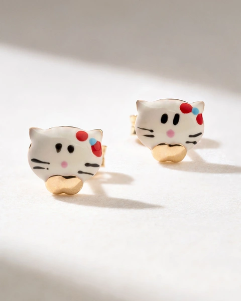 Hello Kitty Earrings in 18K Yellow Gold with Enamel