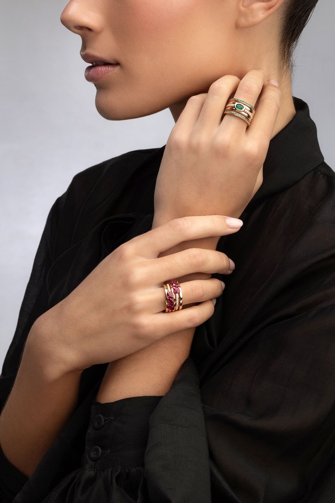 18K Five Band Rose Gold Ring with Oval Rubies and Diamonds