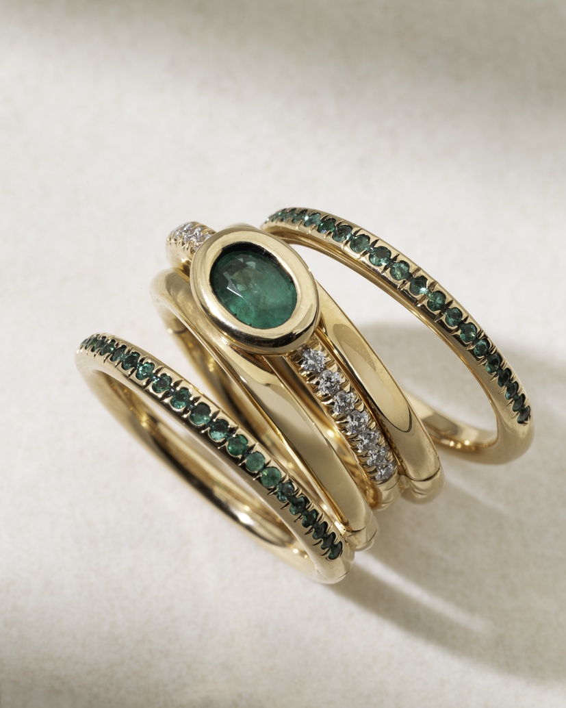 18K Rose Gold Multiple Bands Ring with Emeralds and Diamonds