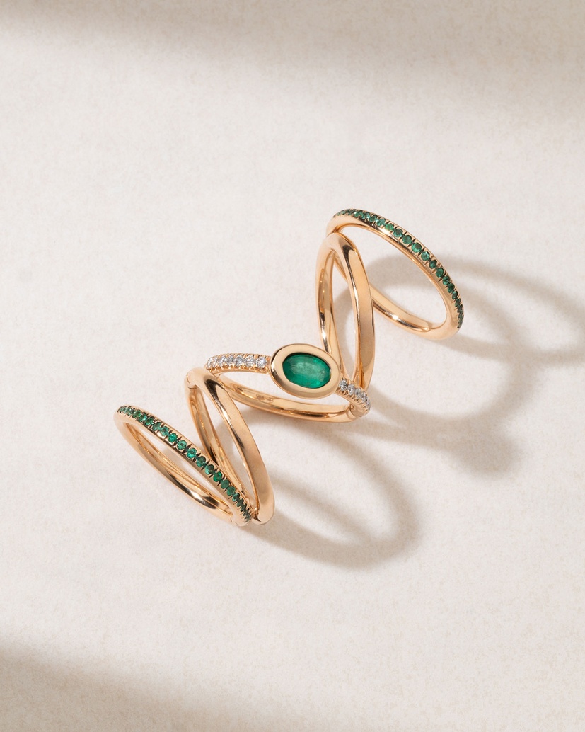 18K Rose Gold Multiple Bands Ring with Emeralds and Diamonds