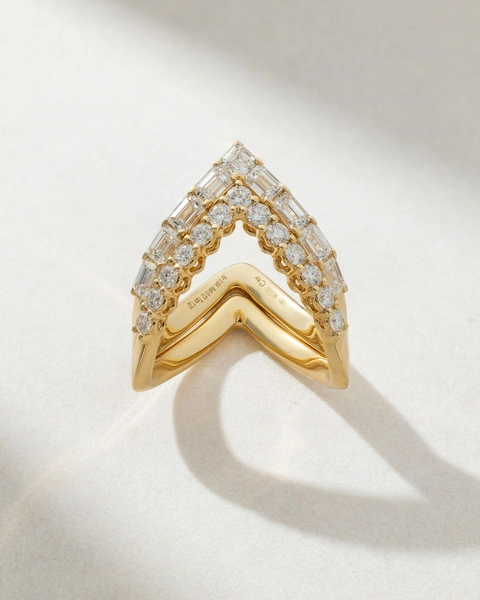 18K Yellow Gold Ring with Asscher, Emerald and Brilliant Diamonds