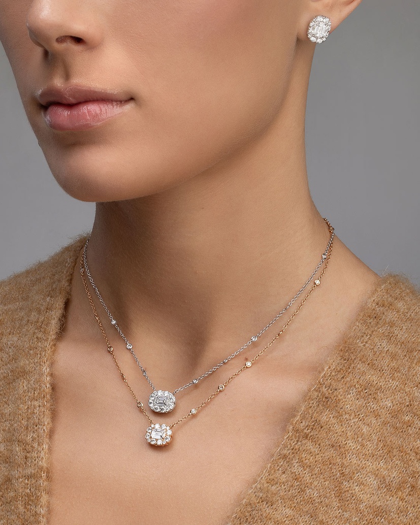 18 Karat White Gold Necklace with Trapezoid and Brilliant Diamonds