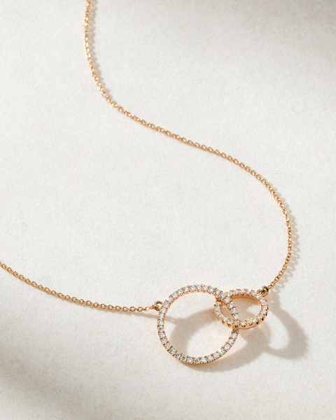 18K Rose Gold Necklace with Diamond Double Circle Pendant