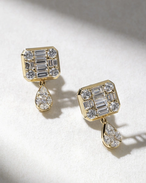 18K Rose Gold Earrings with Marquise, Brilliant, Baguette, Pear and Princess Cut Diamonds