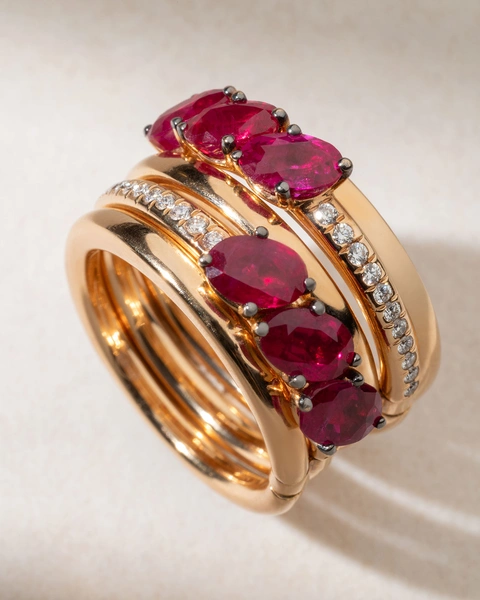 18K Five Band Rose Gold Ring with Oval Rubies and Diamonds