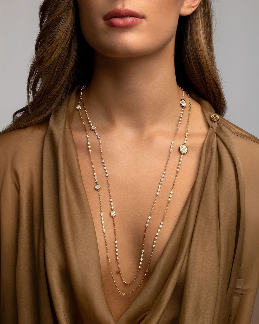 18K Yellow Gold Long Chain with Diamonds