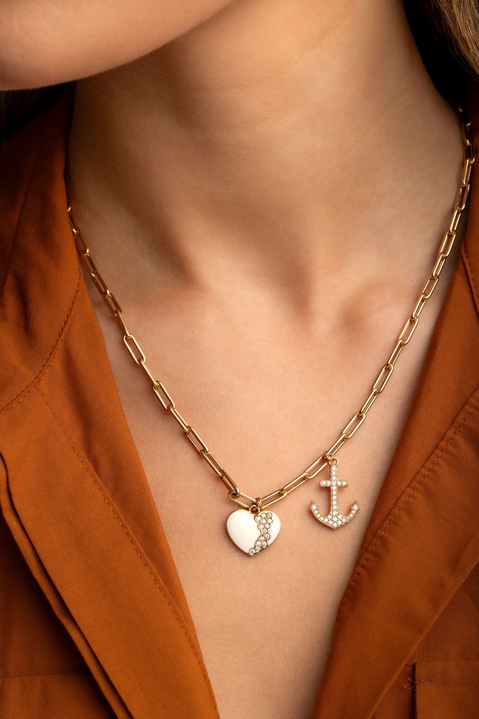 18K Rose Gold Chain Necklace with Enamel Heart and Diamond Anchor - Image 1