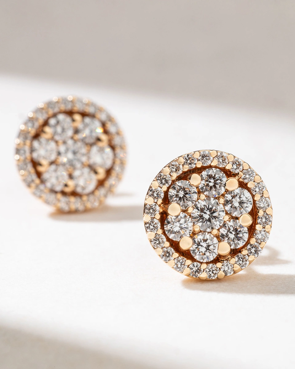 18K Rose Gold Round Stud Earrings with Diamonds