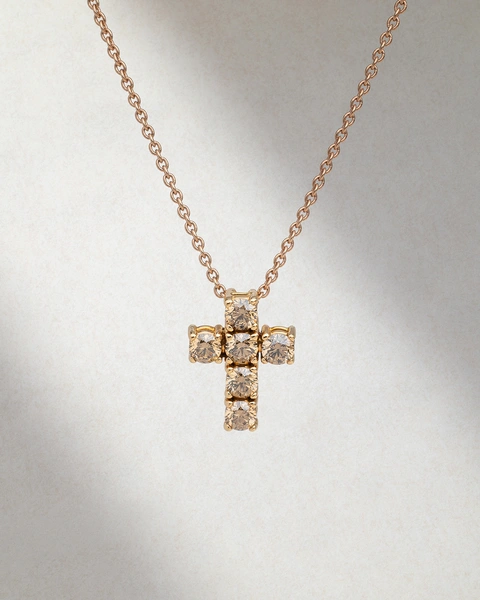 Cross pendant with chain in 18K Rose Gold with Brown Brilliant-cut Diamonds