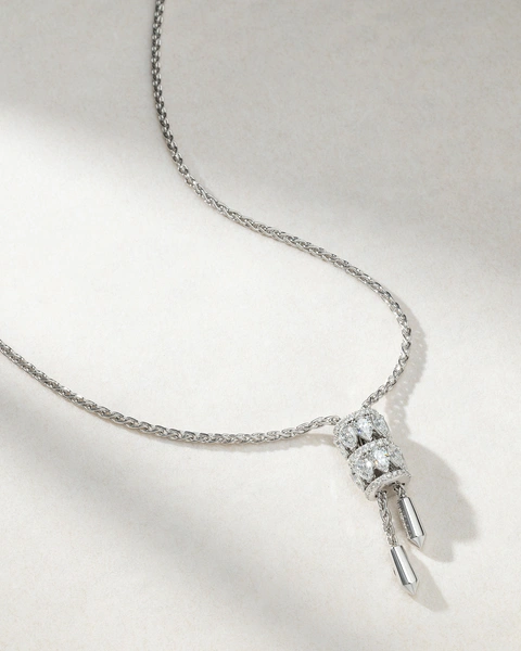 Unique 18K White Gold Long Necklace with Pear Shaped and Brilliant Diamοnds