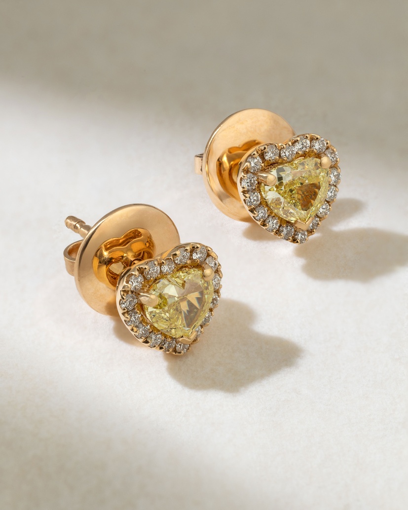 18K Rose Gold Earrings with Fancy Yellow Heart Shaped Diamonds