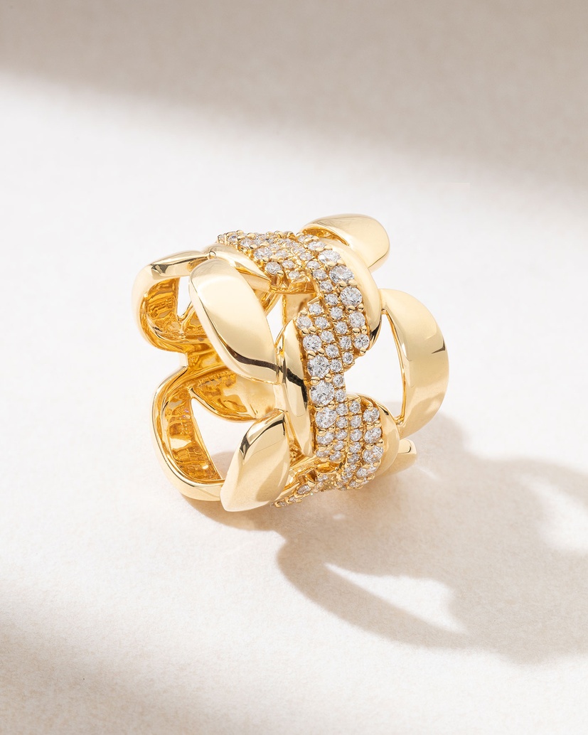 Gourmet Chain Ring in 18K Yellow Gold with Diamonds