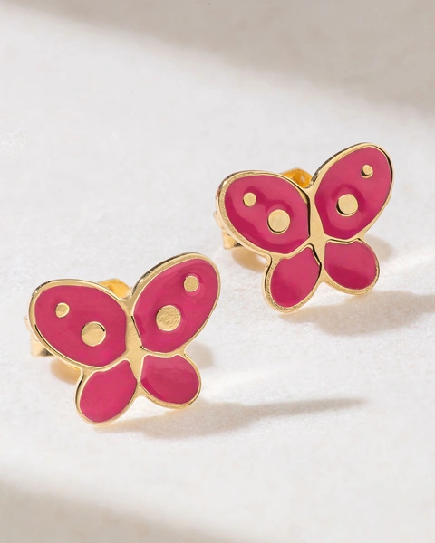 18K Yellow Gold Earrings with Enamel Pink Butterflies