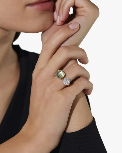 Toi and Moi Nudo ring in 18k rose and white gold with prasiolite and white diamonds .