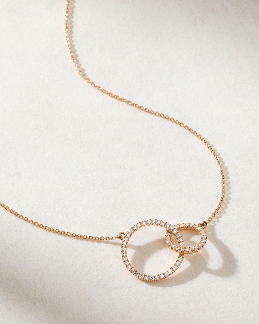 18K Rose Gold Necklace with Diamond Double Circle Pendant - Image 1