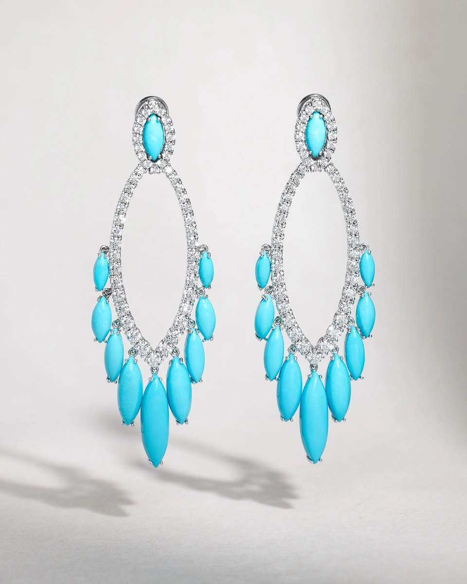 18K White Gold Earrings with Turquoise Stones and Diamonds