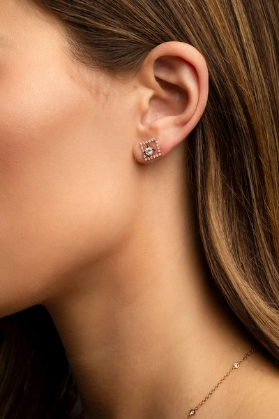 18K Rose Gold Earrings with Square Diamond Outline
