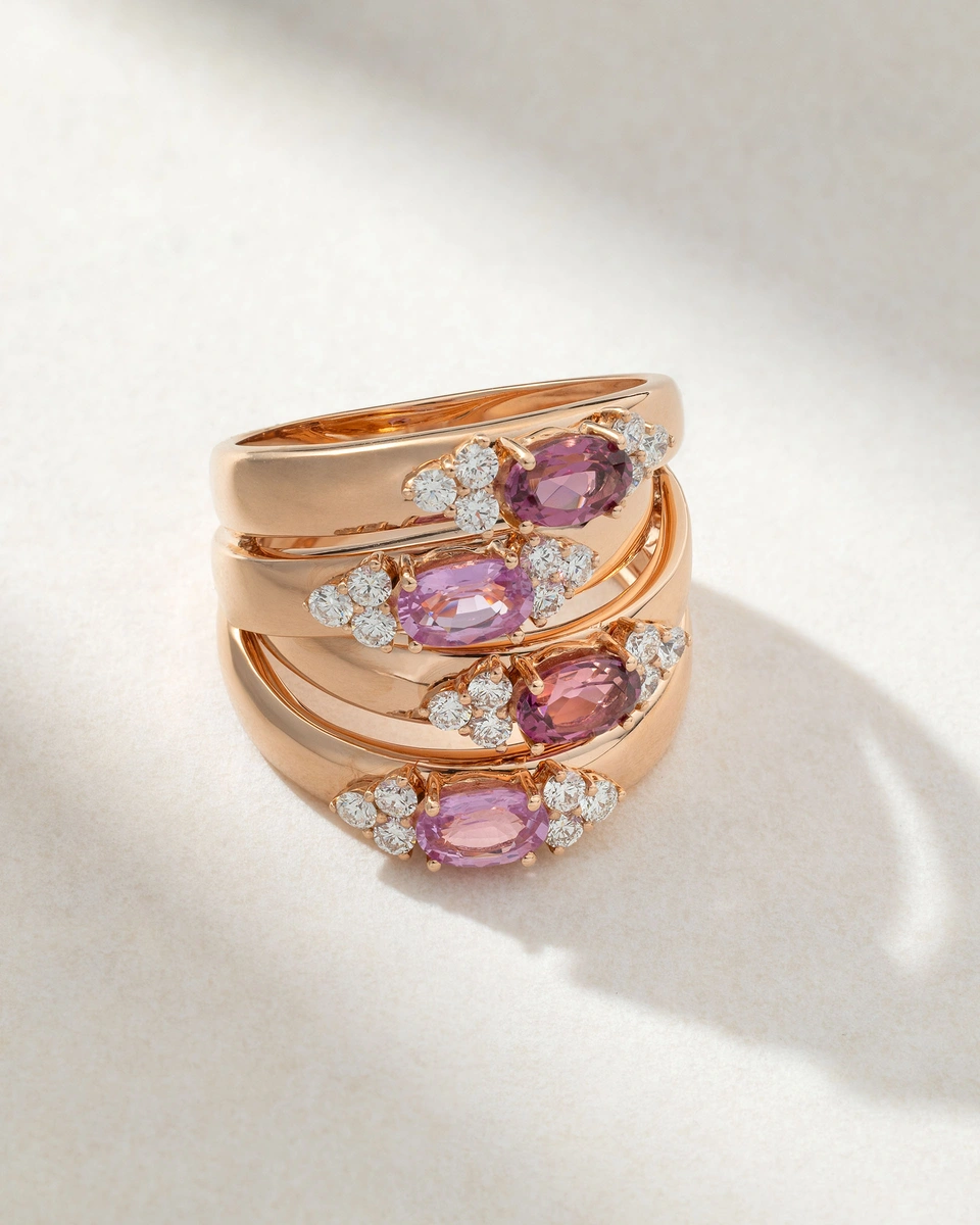 18K Rose Gold Ring with Oval Pink Sapphires, Rodolites and Diamonds