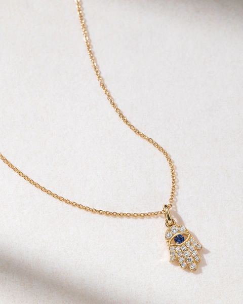 18K Yellow Gold Hand of Fatima with Diamonds and Sapphire