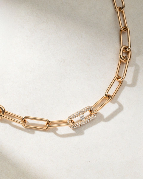 18K Rose Gold Chain Necklace with Brilliant and Baguette Diamonds