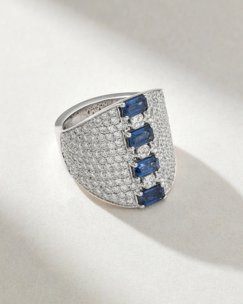 18K White Gold Ring with Brilliant , Asscher cut Diamonds and Baguette Sapphires