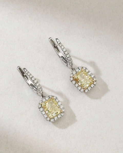 18K White Gold Drop Earrings with Fancy Yellow Radiant Diamonds and Brilliants