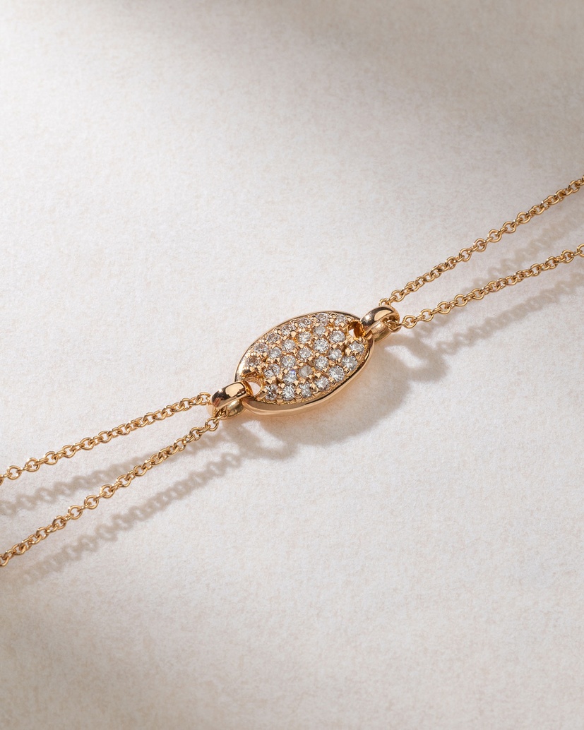 18K Rose Gold Double Chain Bracelet with Diamond Oval Motif