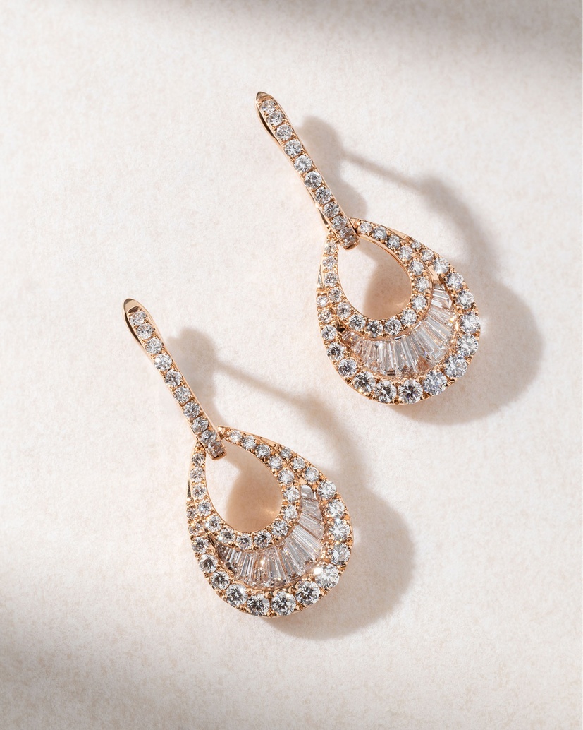 Rose Gold Drop Earrings Κ18 with Brilliant and Baguette Diamonds