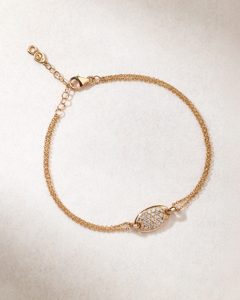 18K Rose Gold Double Chain Bracelet with Diamond Oval Motif
