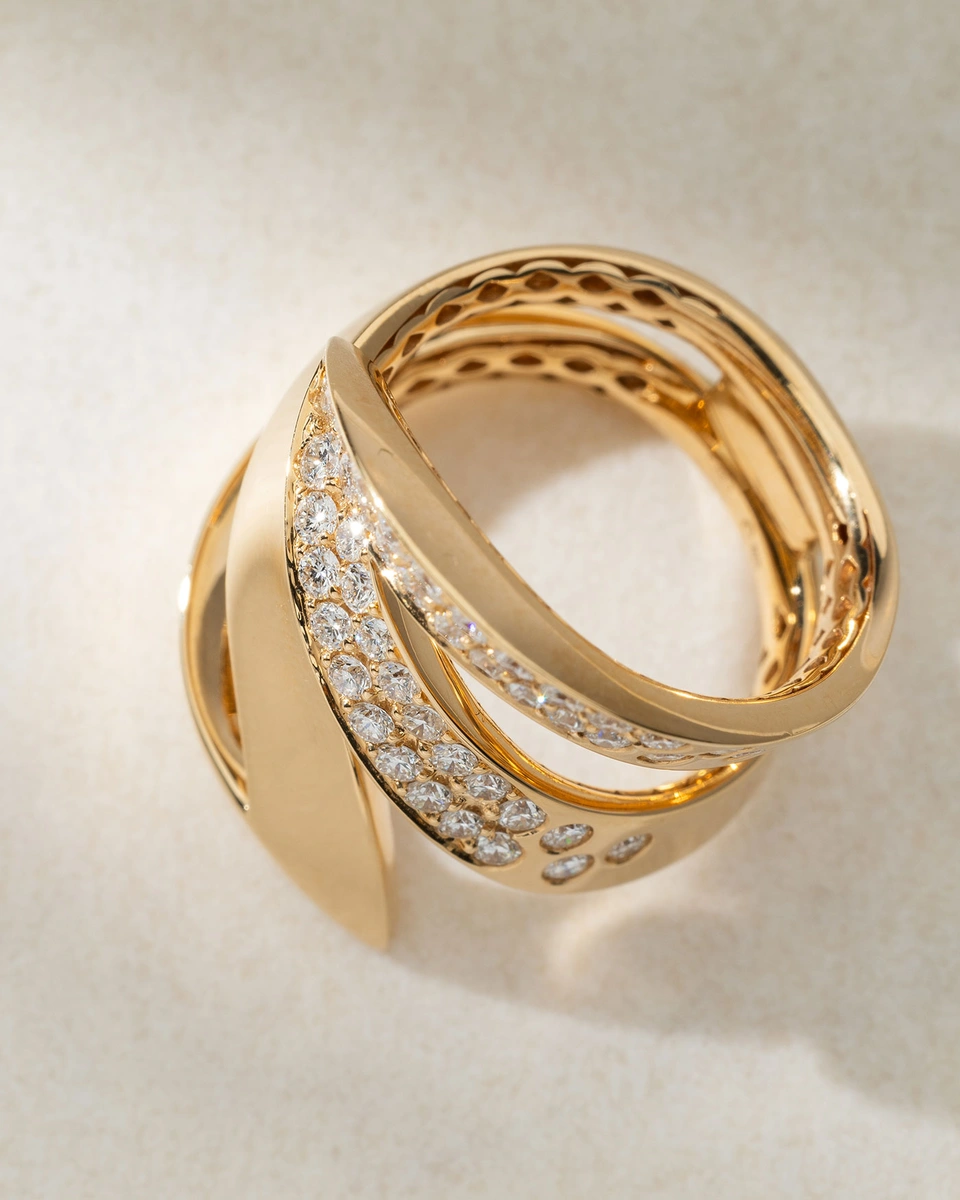 Sculptural 18K Rose Gold Ring with Diamonds