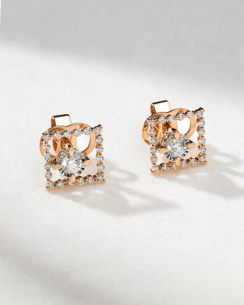 18K Rose Gold Earrings with Square Diamond Outline