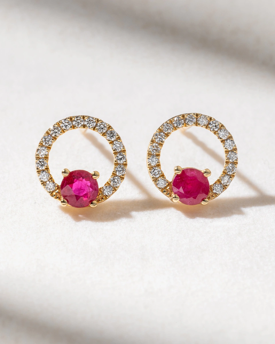 18K Yellow Gold Diamond Earrings with Rubies
