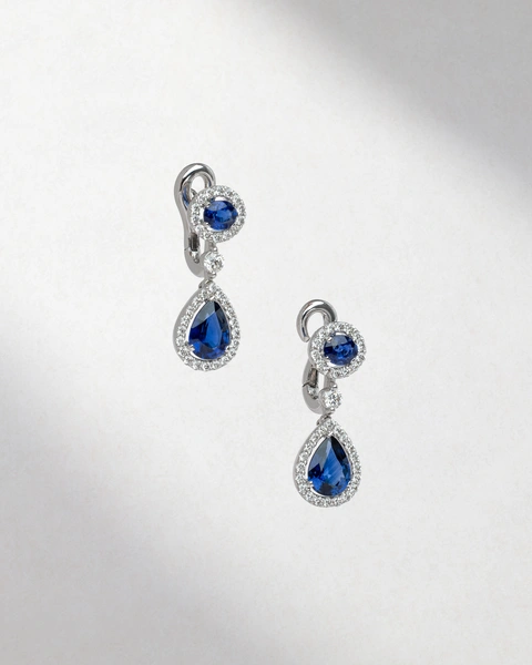 Drop Earrings in 18K White Gold with Brilliant-Cut Diamonds, Oval and Pear Sapphires