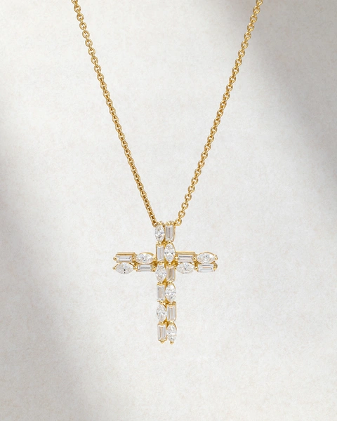 Σταυρός με αλυσίδα από 18Κ Κίτρινο Χρυσό με Baguette & Navette Cut διαμάντια