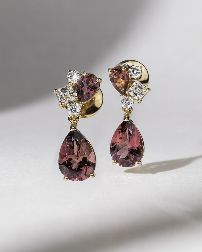 18Κ Rose Gold Drop Earrings with Tourmalines and Diamonds - Image 1