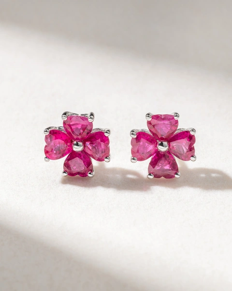 18K White Gold Earrings with Heart Shaped Rubies