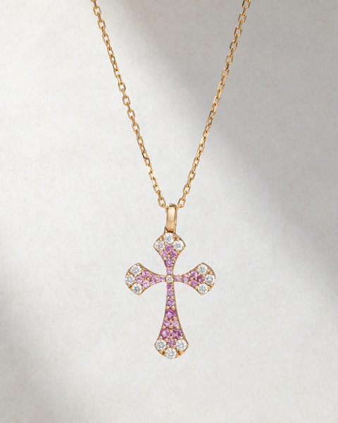 Cross with chain in 18K Rose Gold with Brilliant-cut diamonds and Pink sapphires