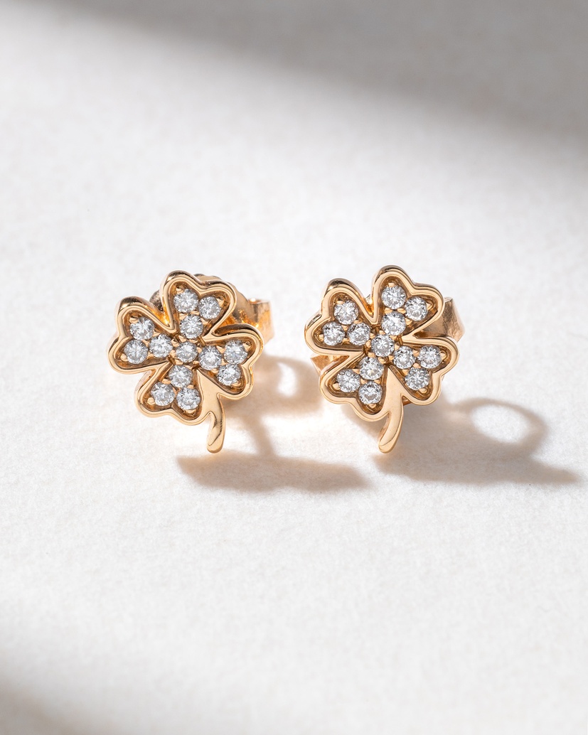 18K Rose Gold Earrings with Diamond Four Leaf Clovers - Image 1