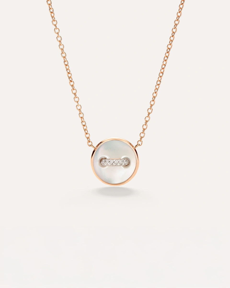 Pοm Pom Dot necklace with pendant in 18k rose gold with white mother-of-pearl, grey mother-of-pearl and 14 white diamonds.