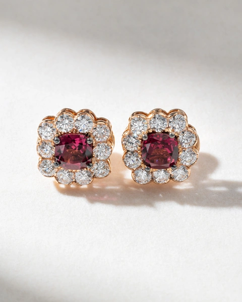 18K Rose Gold Earrings with Rodolites and Brilliant Diamonds