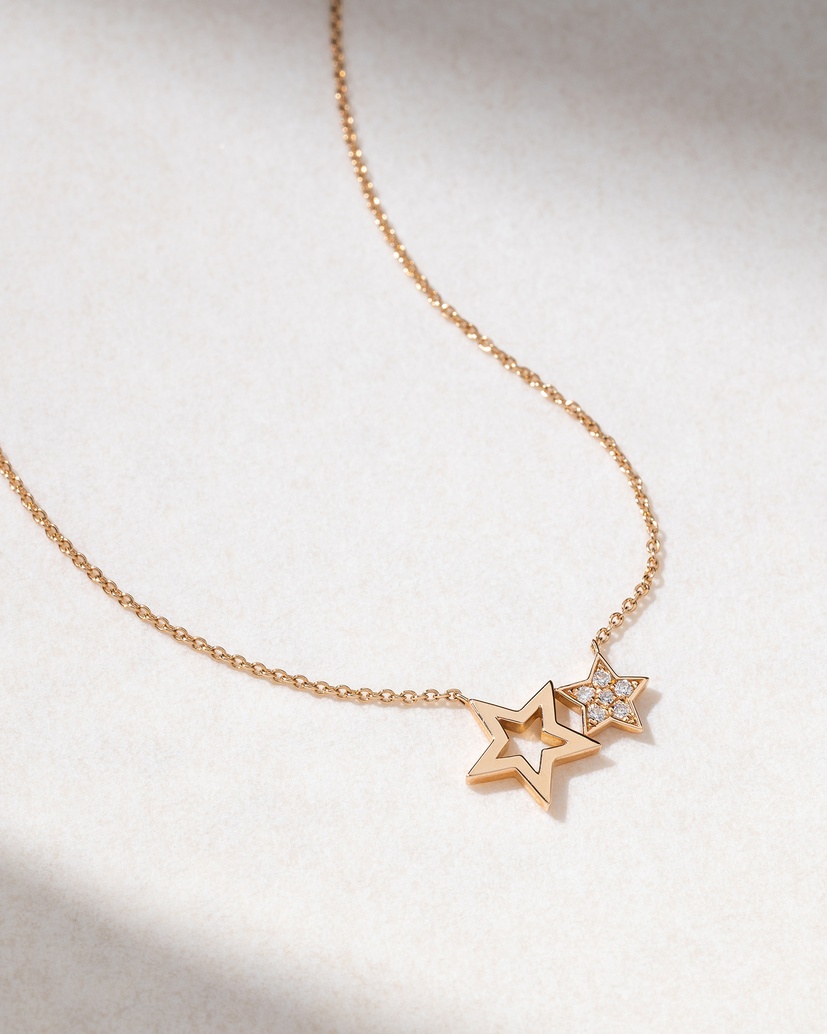 18Κ Rose Gold Diamond Necklace with Two Stars - Image 1