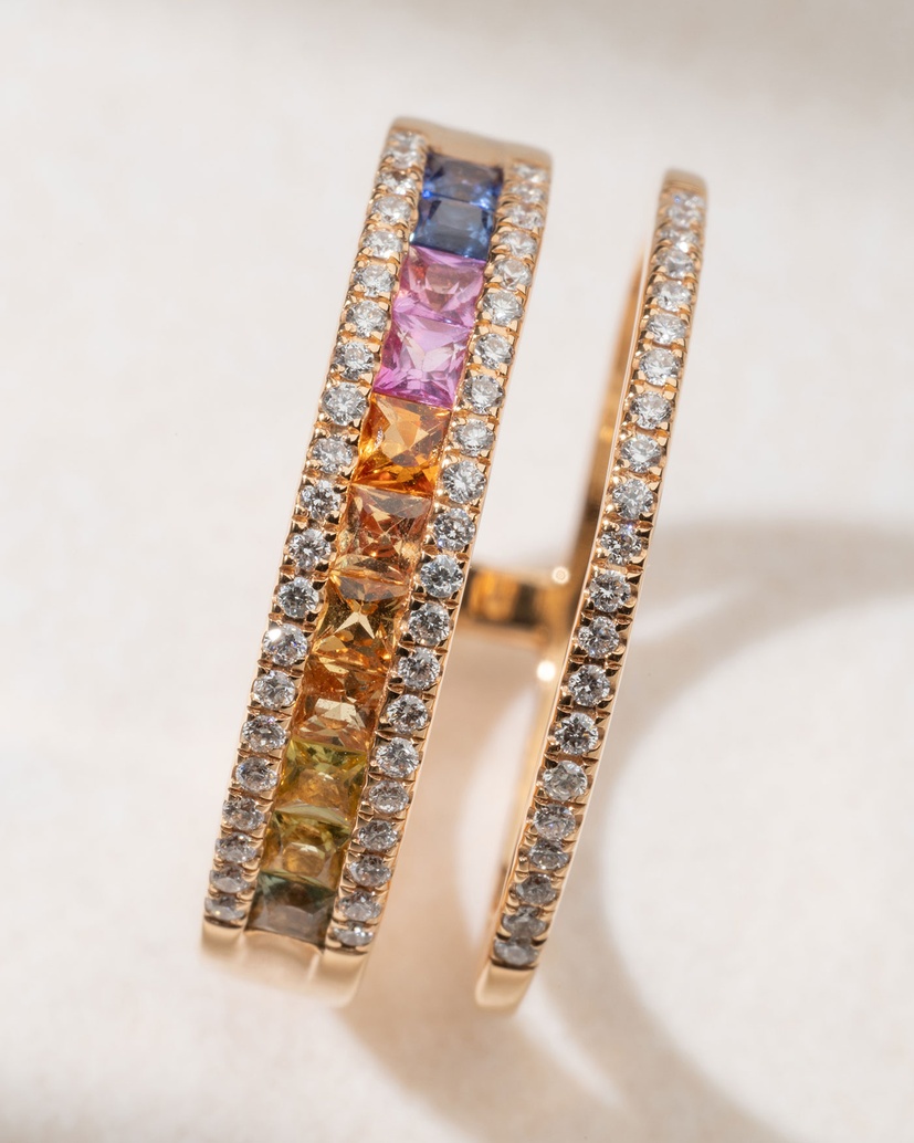 18K Rose Gold Rainbow ring with Multicolored Sapphires and Diamonds